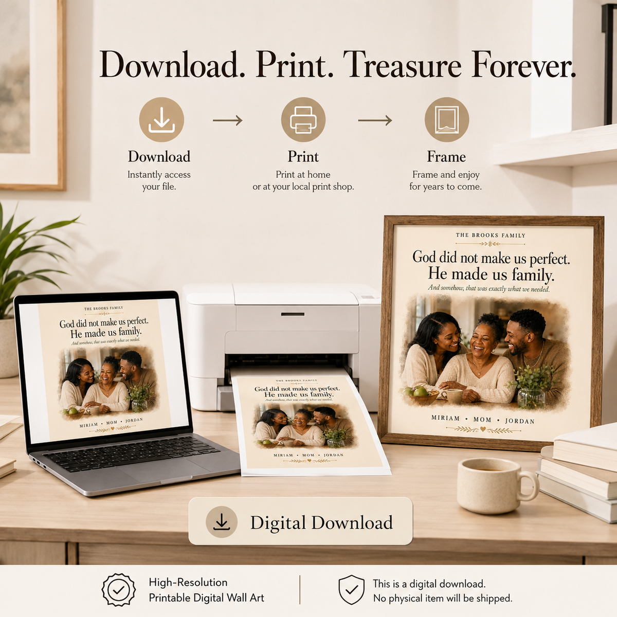 Custom Mom and Kids Portrait, Personalized Family Photo Print, Gift for Mom – “God Made Us Family”