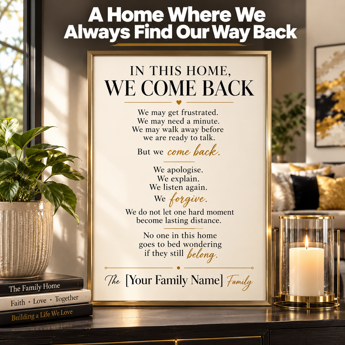 Family Values Wall Art, Personalized Family Rules Print, Custom Family Name Sign – “In This Home, We Come Back”
