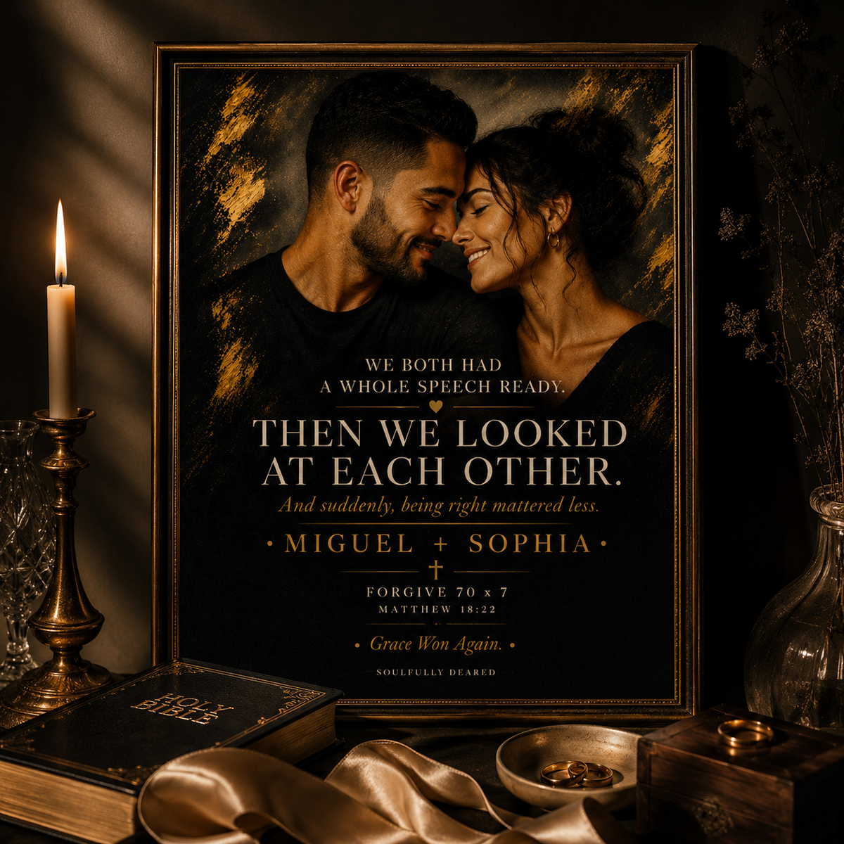 Custom Christian Couple Portrait From Photo, Personalized Anniversary Gift, Faith-Based Couple Wall Art – Matthew 18:22