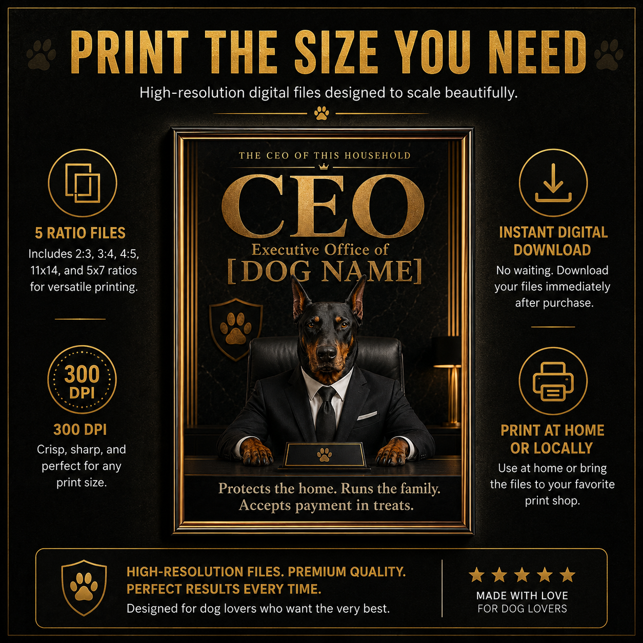 Custom Dog CEO Portrait – Personalized Pet Office Art, Funny Boss Dog Gift | CEO of Home Happiness