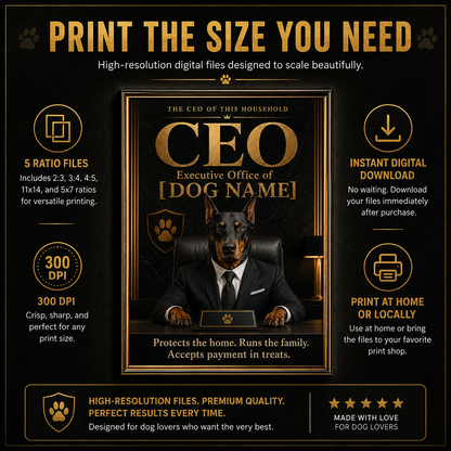 Custom Dog CEO Portrait – Personalized Pet Office Art, Funny Boss Dog Gift | CEO of Home Happiness