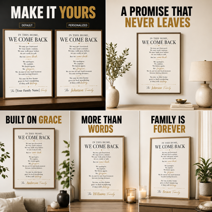 Family Values Wall Art, Personalized Family Rules Print, Custom Family Name Sign – “In This Home, We Come Back”