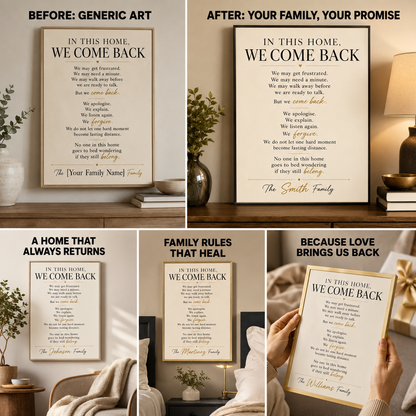 Family Values Wall Art, Personalized Family Rules Print, Custom Family Name Sign – “In This Home, We Come Back”