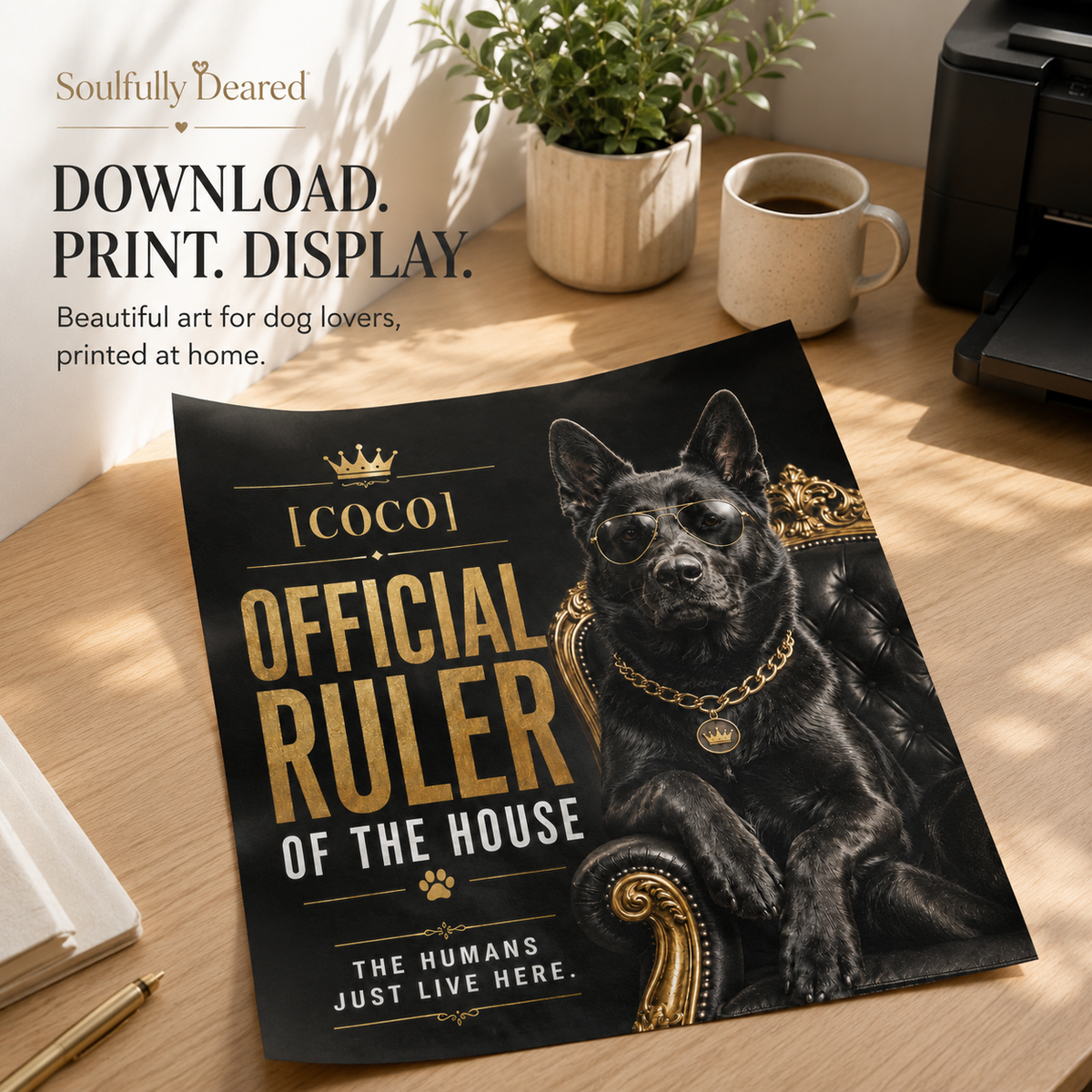 Funny Custom Dog Portrait From Photo, Personalized Pet Wall Art, Hilarious Dog Owner Gift – "Official Ruler of the House"