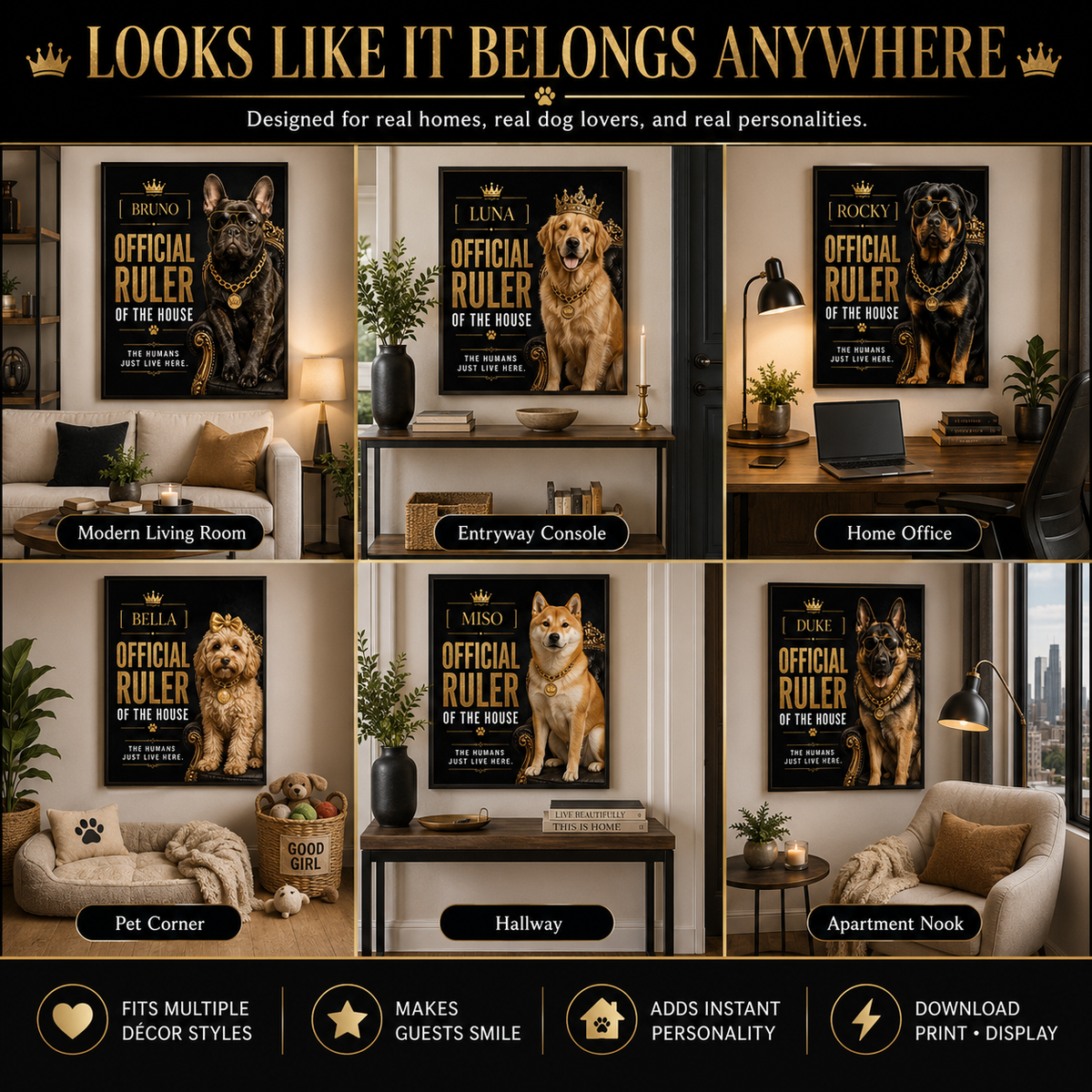 Funny Custom Dog Portrait From Photo, Personalized Pet Wall Art, Hilarious Dog Owner Gift – "Official Ruler of the House"