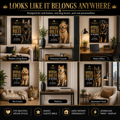 Funny Custom Dog Portrait From Photo, Personalized Pet Wall Art, Hilarious Dog Owner Gift – "Official Ruler of the House"