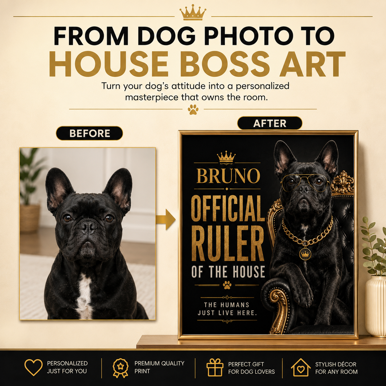 Funny Custom Dog Portrait From Photo, Personalized Pet Wall Art, Hilarious Dog Owner Gift – "Official Ruler of the House"
