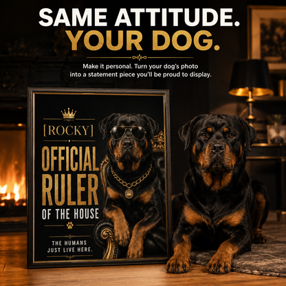 Funny Custom Dog Portrait From Photo, Personalized Pet Wall Art, Hilarious Dog Owner Gift – "Official Ruler of the House"