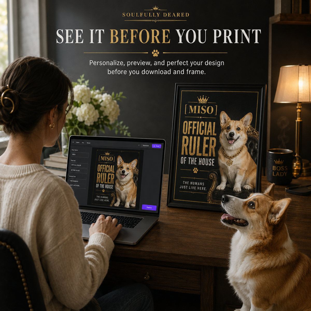 Funny Custom Dog Portrait From Photo, Personalized Pet Wall Art, Hilarious Dog Owner Gift – "Official Ruler of the House"