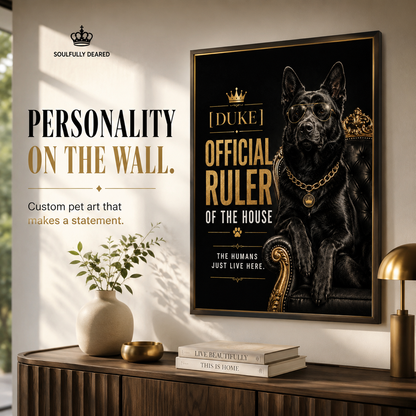 Funny Custom Dog Portrait From Photo, Personalized Pet Wall Art, Hilarious Dog Owner Gift – "Official Ruler of the House"