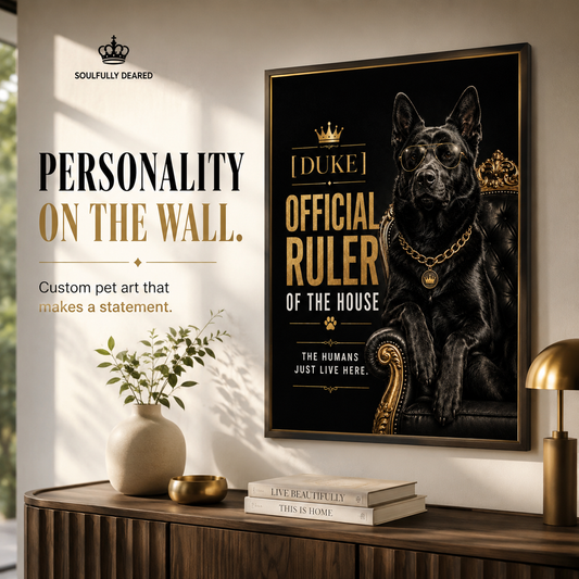 Funny Custom Dog Portrait From Photo, Personalized Pet Wall Art, Hilarious Dog Owner Gift – "Official Ruler of the House"