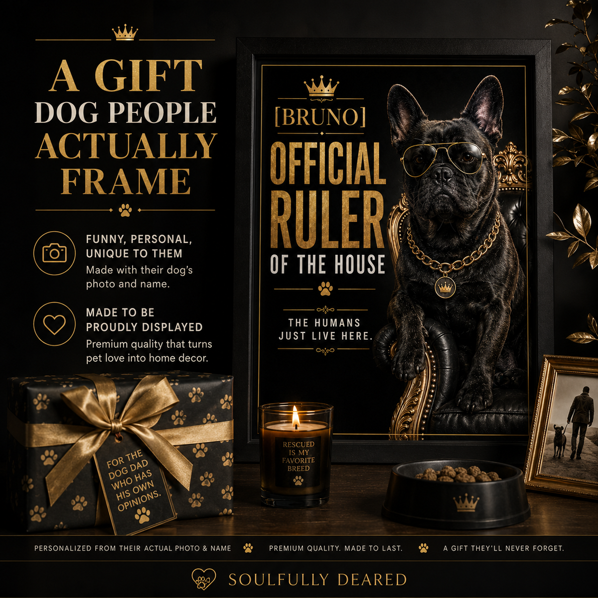 Funny Custom Dog Portrait From Photo, Personalized Pet Wall Art, Hilarious Dog Owner Gift – "Official Ruler of the House"