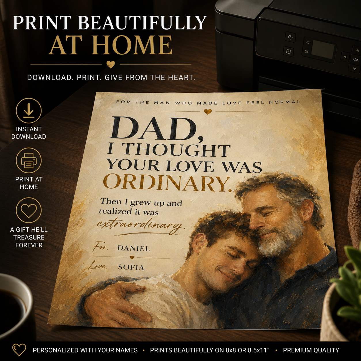 Personalized Dad Portrait From Photo, Custom Father and Child Wall Art, Meaningful Father's Day Gift for Dad