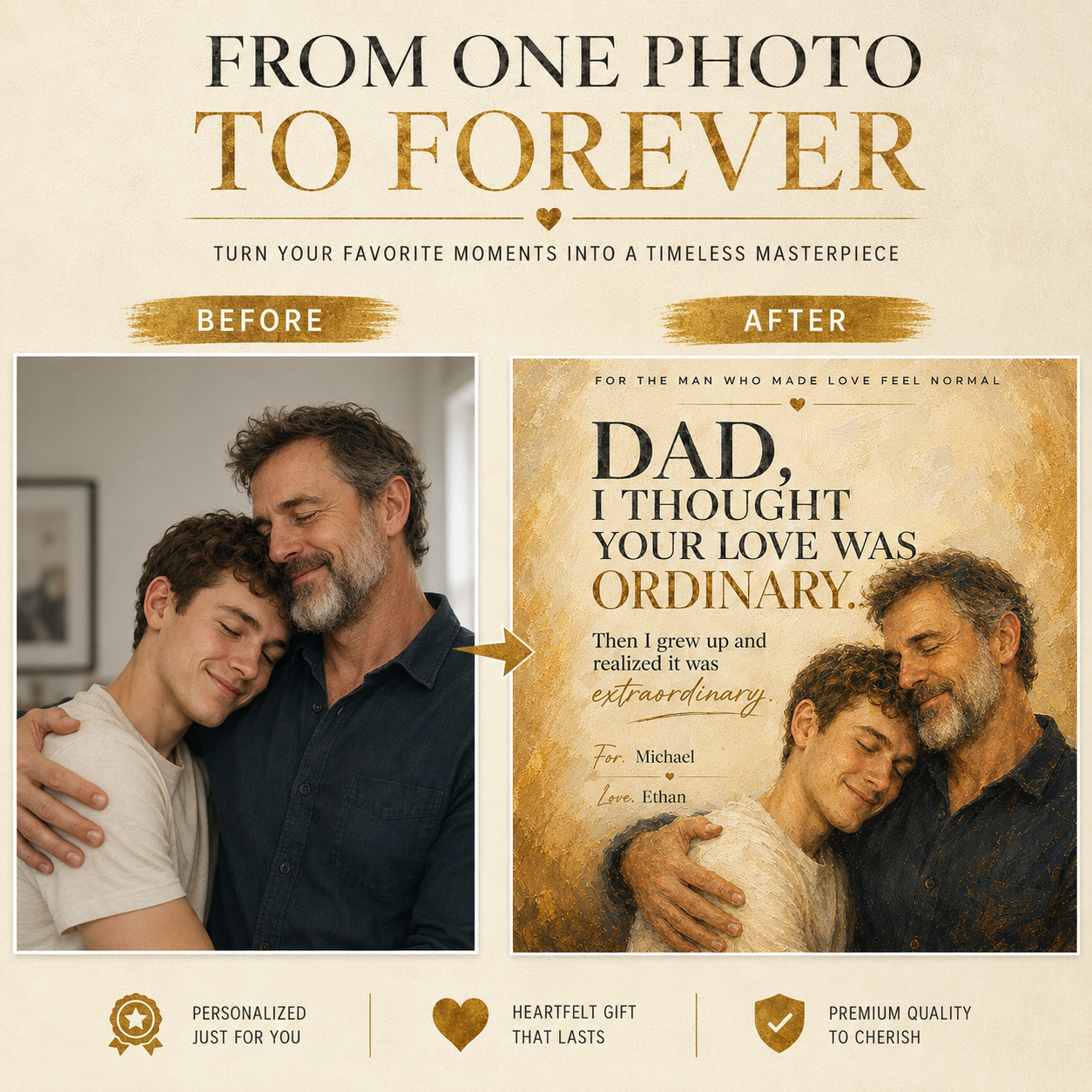 Personalized Dad Portrait From Photo, Custom Father and Child Wall Art, Meaningful Father's Day Gift for Dad