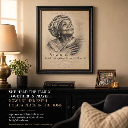 Personalized Grandma Portrait, Christian Grandmother Wall Art, Prayer Gift From Grandchild – “Living in Prayers You Prayed for Me”