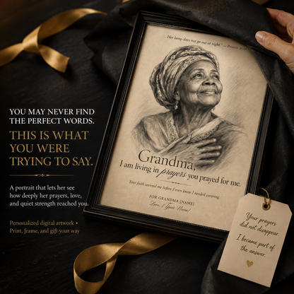Personalized Grandma Portrait, Christian Grandmother Wall Art, Prayer Gift From Grandchild – “Living in Prayers You Prayed for Me”